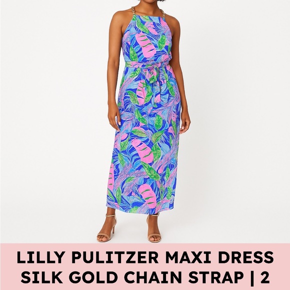 Lilly Pulitzer Silk Maxi Dress Tropical Leaf Print Chain Strap Resortcore 2 - Picture 1 of 12